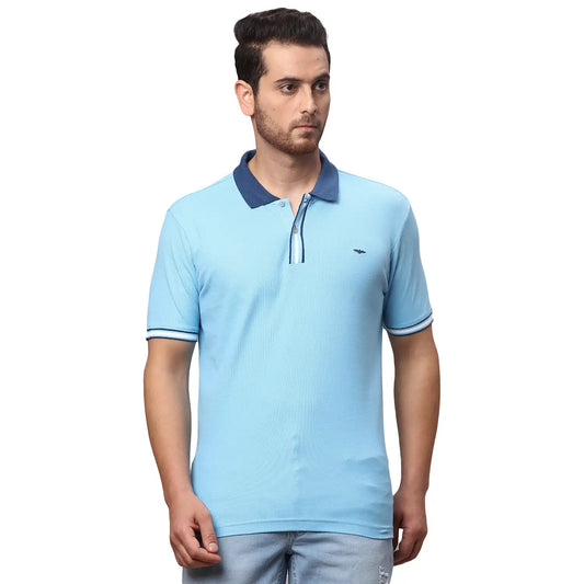 Men Blue Slim Fit Solid Cotton Polyester Blend Round Neck Collar Polo MyRaymond