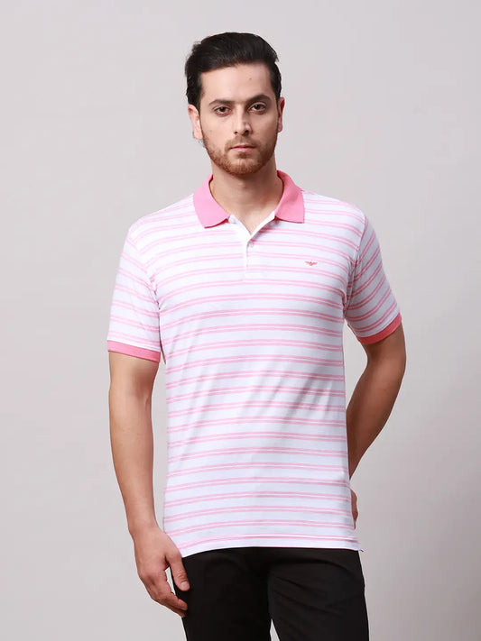 Park Avenue Men Green Stripe Slim Fit Cotton Blend T-Shirt