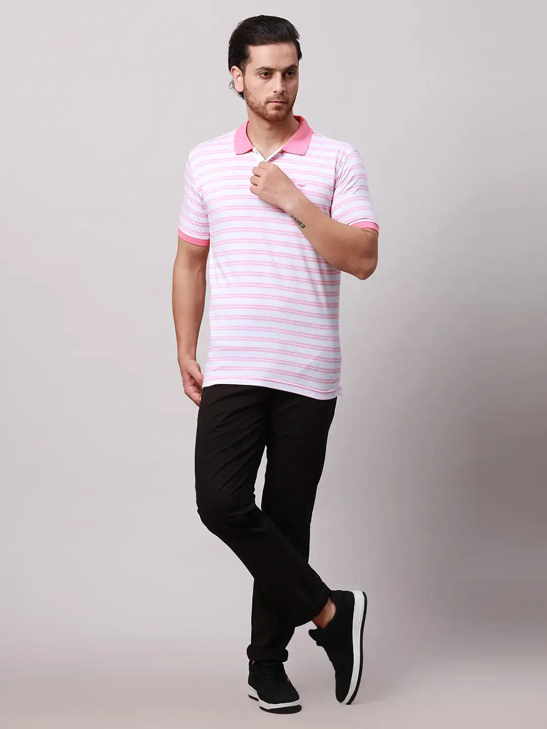 Park Avenue Men Green Stripe Slim Fit Cotton Blend T-Shirt