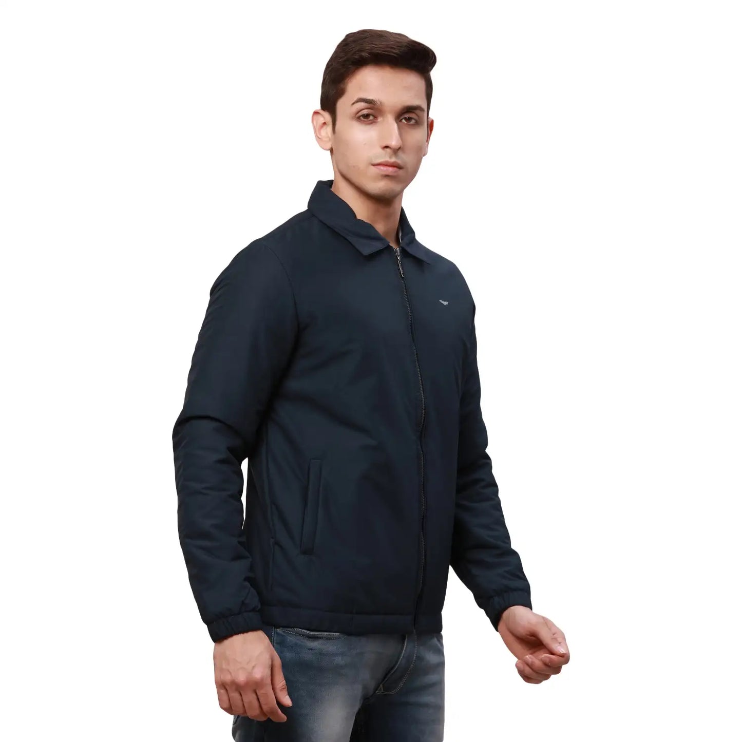 Park Avenue Men Blue Solid Polyester Full Sleeve Padded Neck Jackets MyRaymond