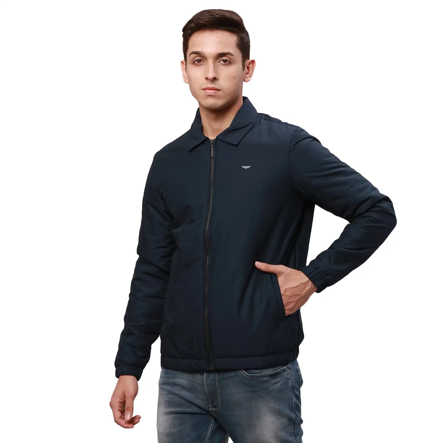 Park Avenue Men Blue Solid Polyester Full Sleeve Padded Neck Jackets MyRaymond