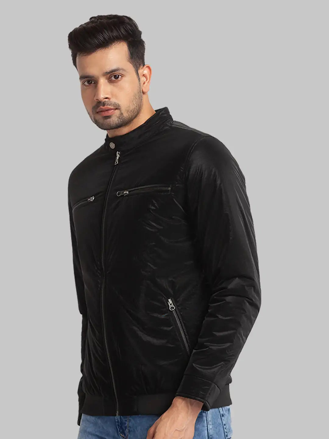 Men Black Twill Polyester Full Sleeve Biker Jacket MyRaymond