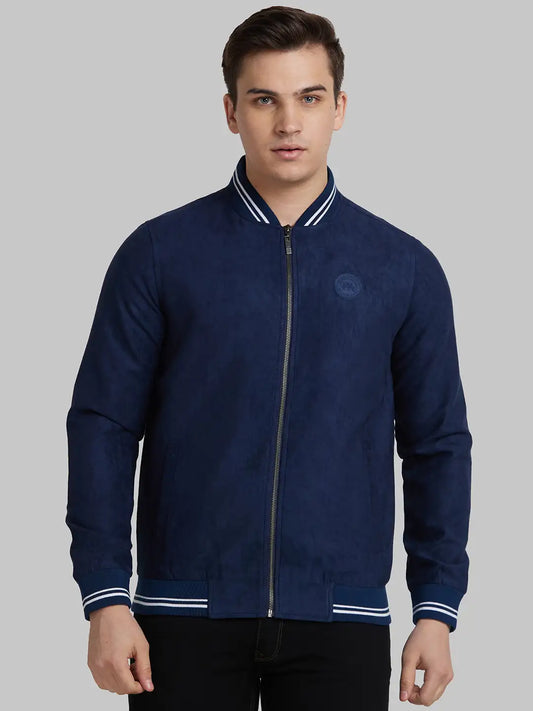 Park Avenue Men Blue Solid Polyester Full Sleeve Bomber Jacket