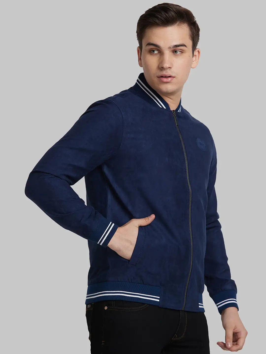Park Avenue Men Blue Solid Polyester Full Sleeve Bomber Jacket