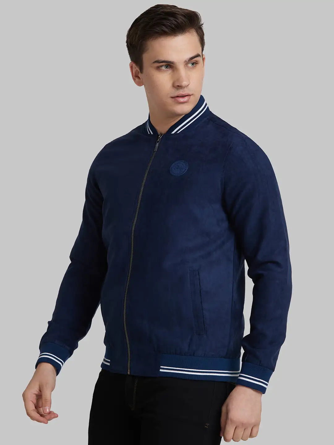 Park Avenue Men Blue Solid Polyester Full Sleeve Bomber Jacket