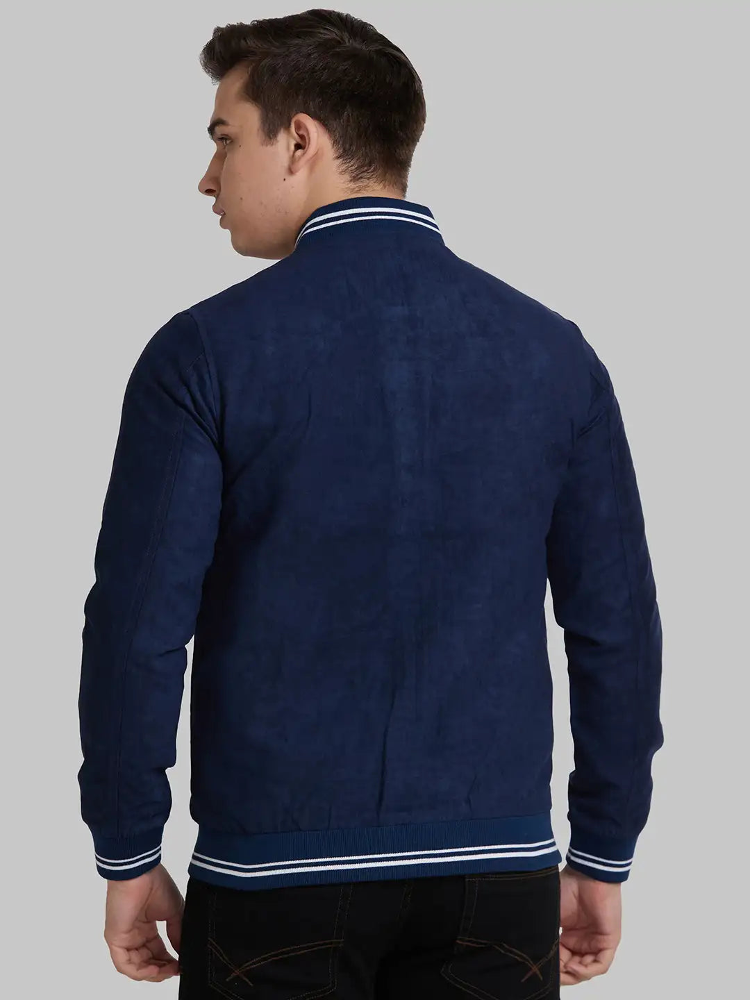 Park Avenue Men Blue Solid Polyester Full Sleeve Bomber Jacket
