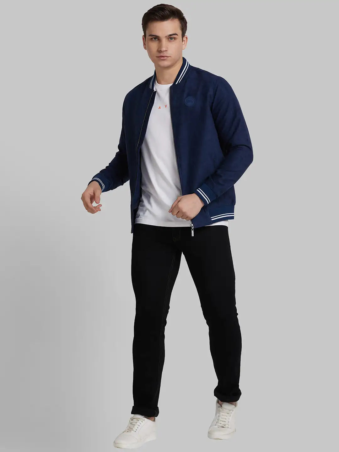Park Avenue Men Blue Solid Polyester Full Sleeve Bomber Jacket