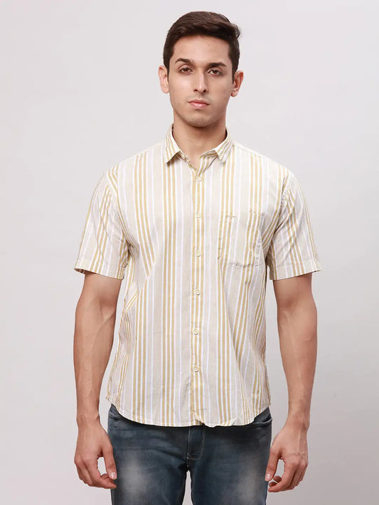 Men Green Slim Fit Stripe Cotton Shirts