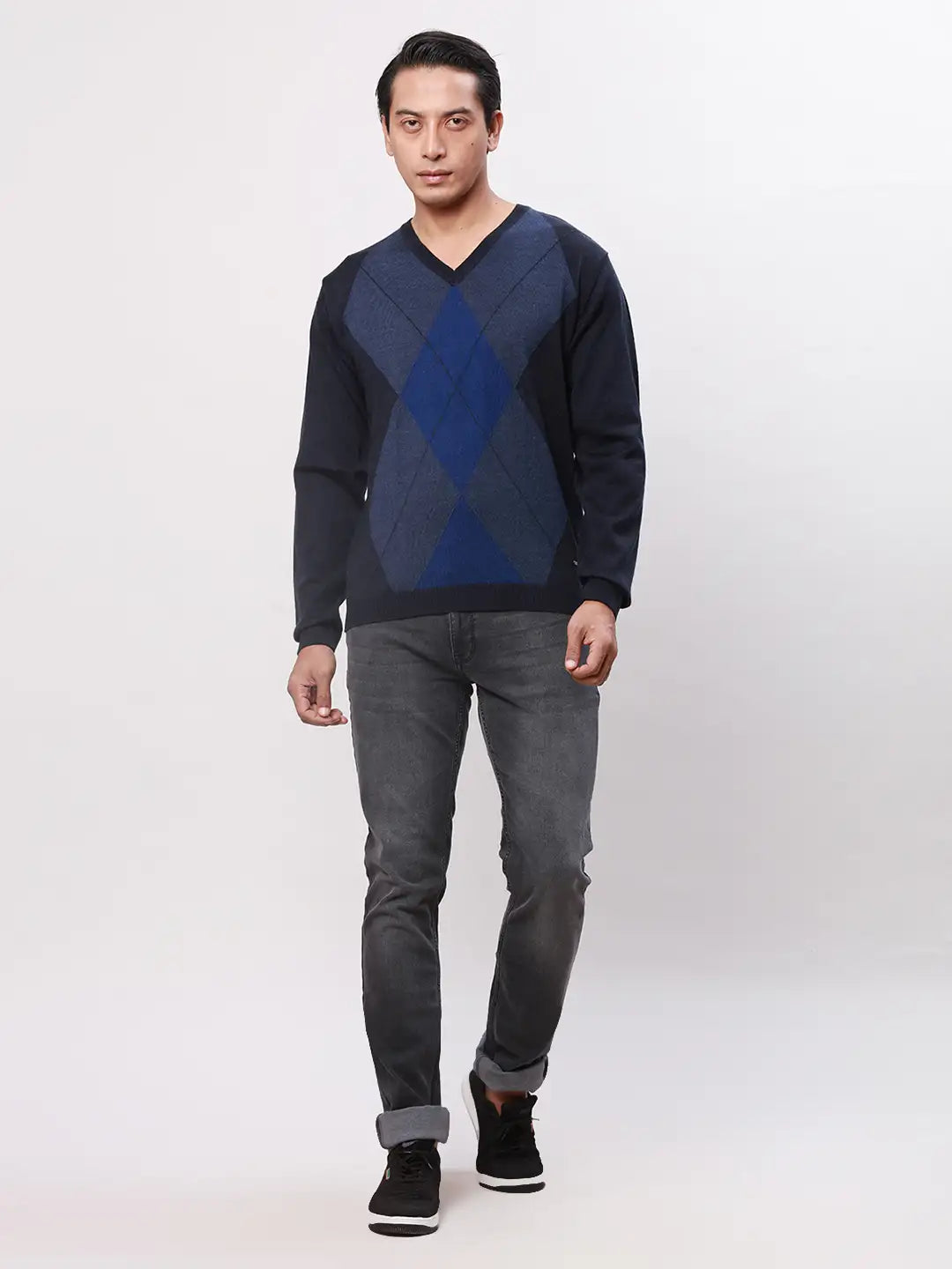 Park Avenue Men Black Argyle Regular Acrylic Blend Full Sleeve Pullover
