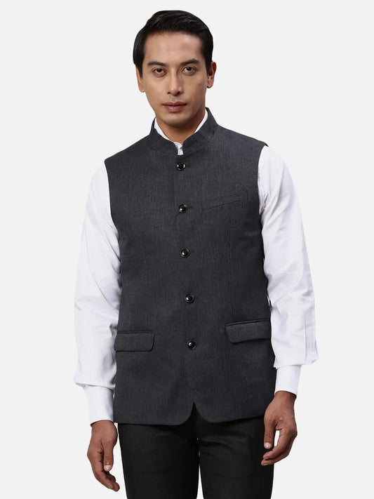 Park Avenue Men Green Chambray Slim Fit Polyester Blend Waist Coat