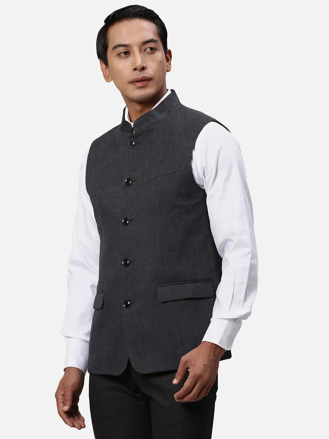 Park Avenue Men Green Chambray Slim Fit Polyester Blend Waist Coat