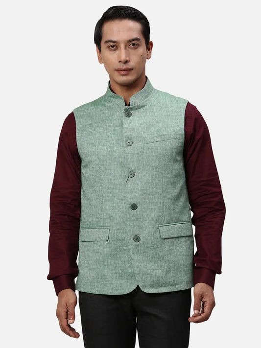 Park Avenue Men Blue Chambray Slim Fit Polyester Blend Waist Coat