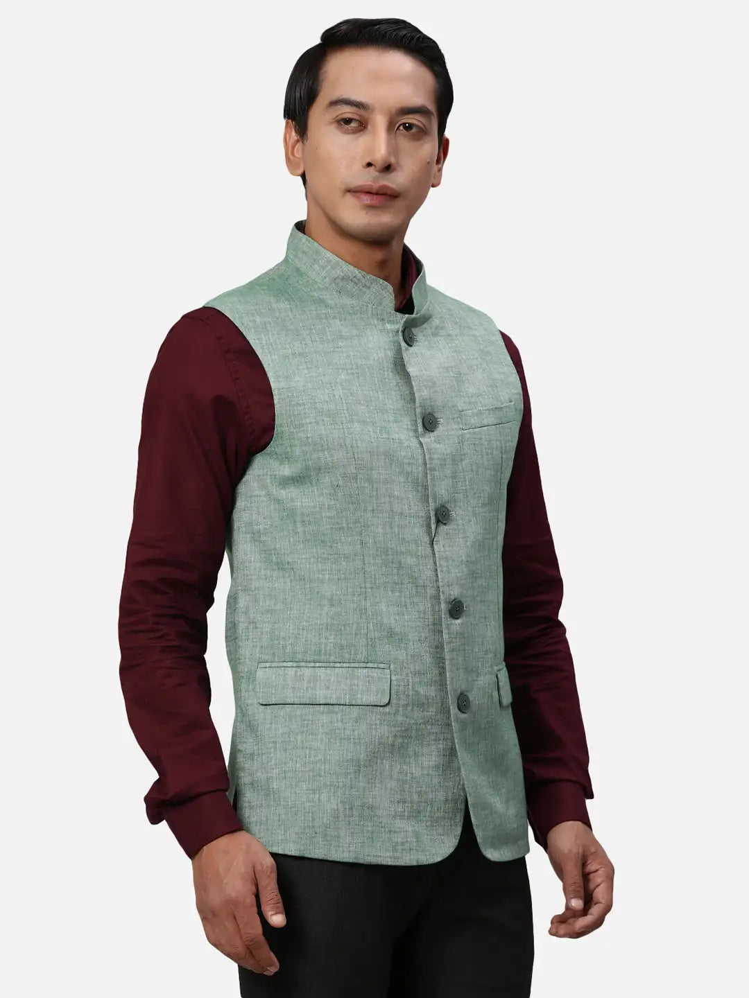 Park Avenue Men Blue Chambray Slim Fit Polyester Blend Waist Coat