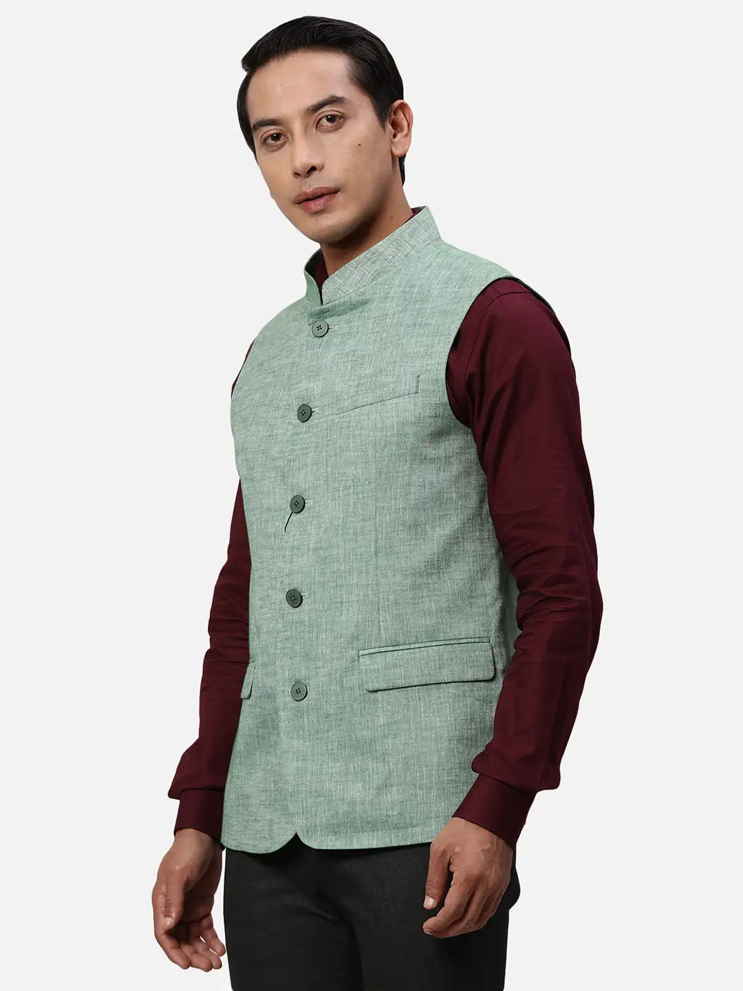Park Avenue Men Blue Chambray Slim Fit Polyester Blend Waist Coat