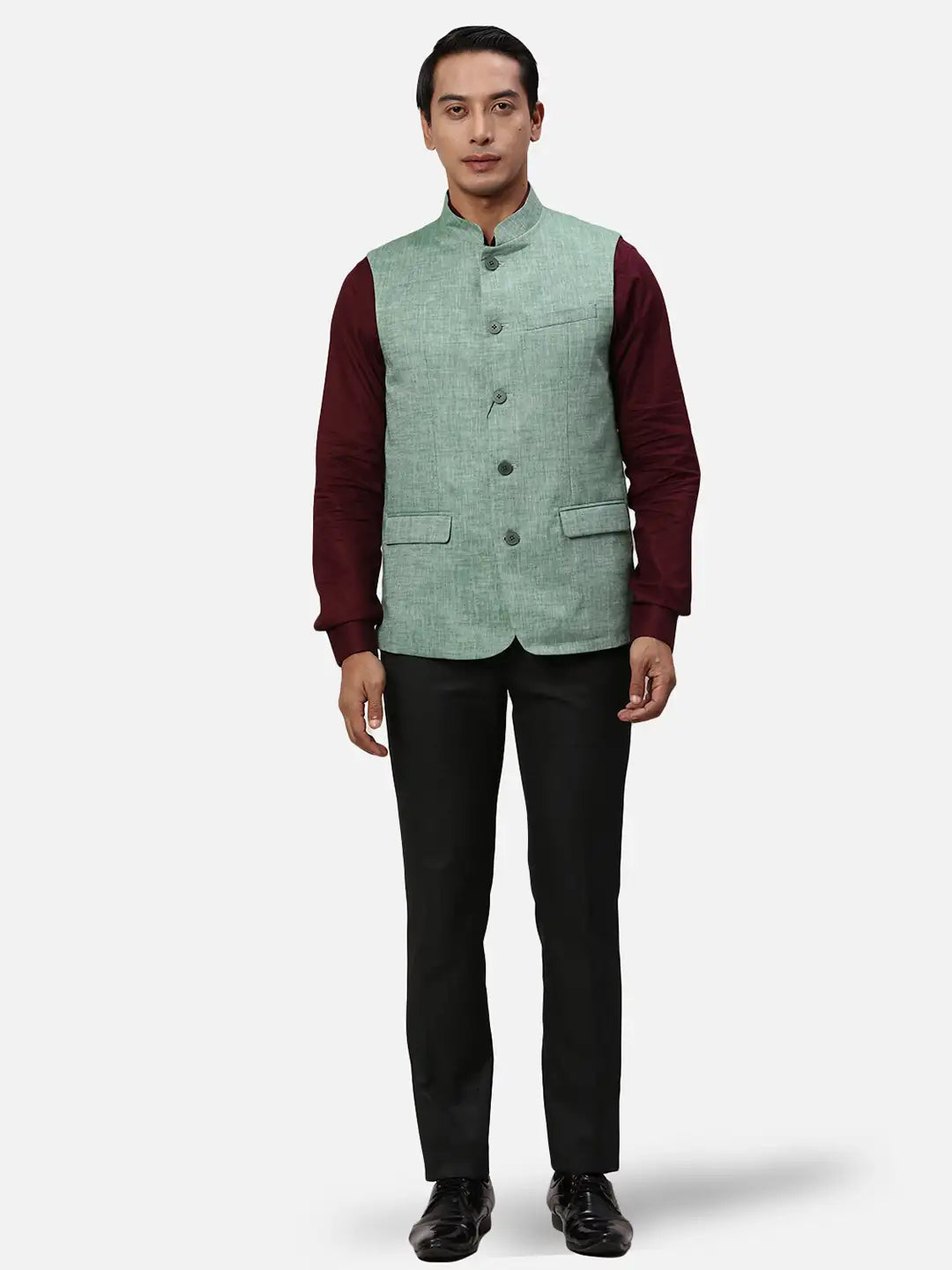 Park Avenue Men Blue Chambray Slim Fit Polyester Blend Waist Coat