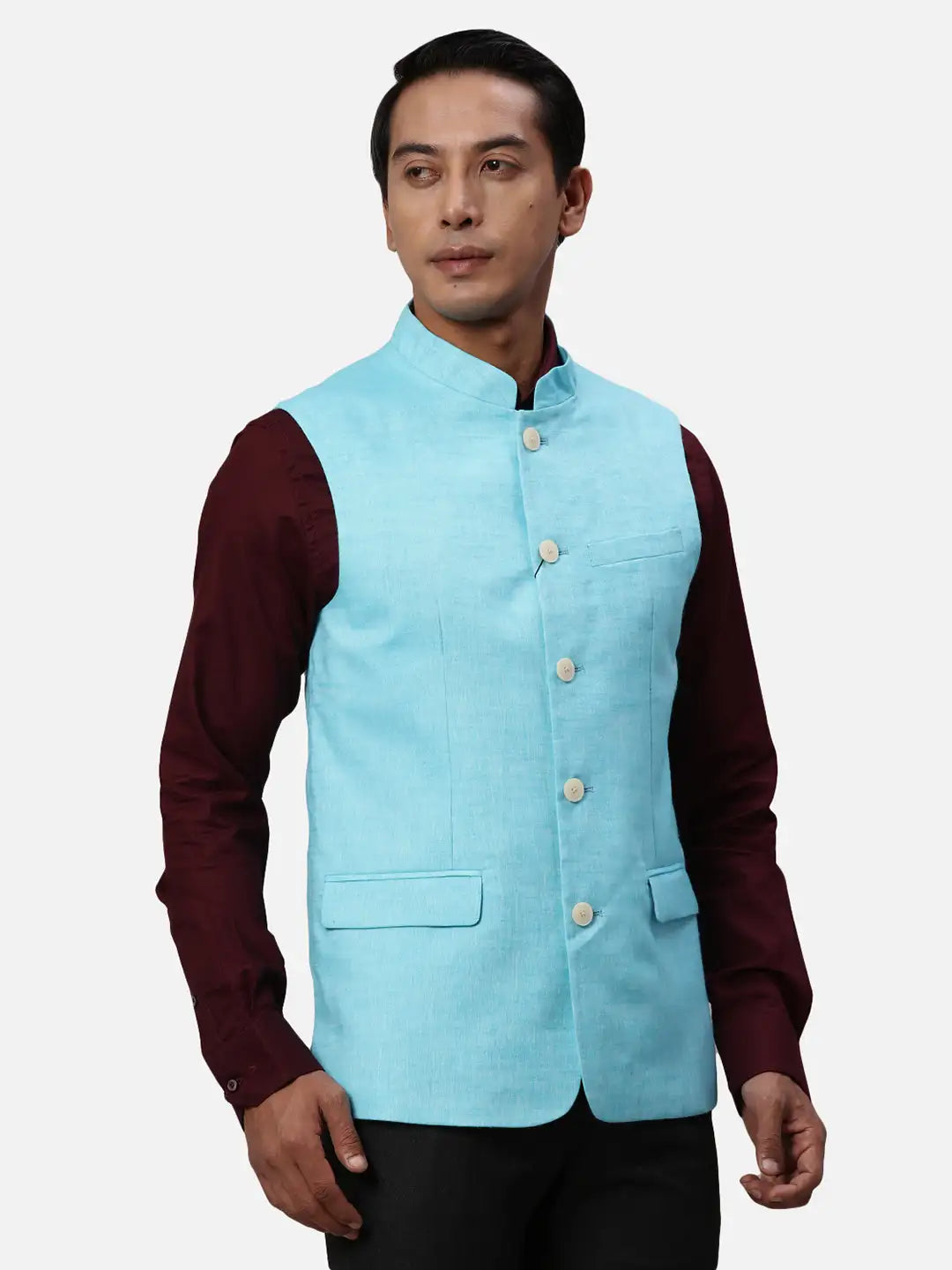 Park Avenue Men White Chambray Slim Fit Polyester Blend Waist Coat
