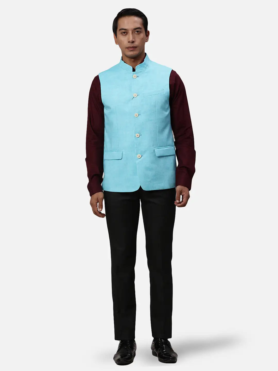 Park Avenue Men White Chambray Slim Fit Polyester Blend Waist Coat