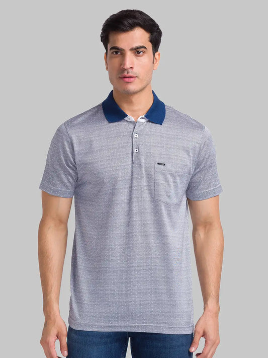 Park Avenue Men Blue Structure Jacquard Slim Fit Cotton Blend T-Shirt