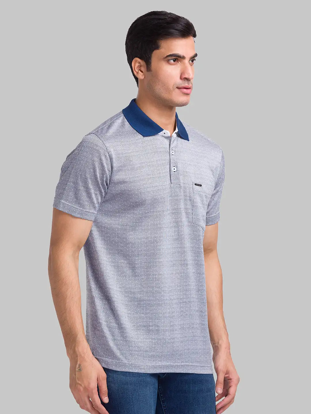 Park Avenue Men Blue Structure Jacquard Slim Fit Cotton Blend T-Shirt