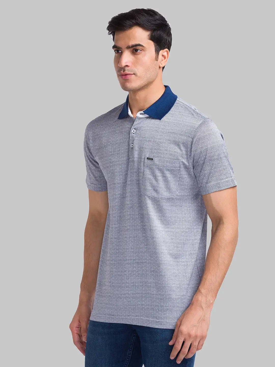 Park Avenue Men Blue Structure Jacquard Slim Fit Cotton Blend T-Shirt