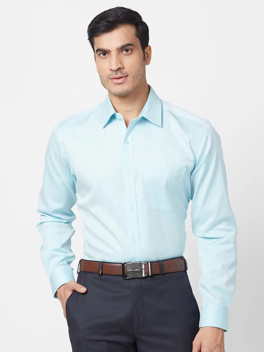 Park Avenue Men Blue Solid Regular Fit Cotton Full Sleeve Ainsley Neck Shirt