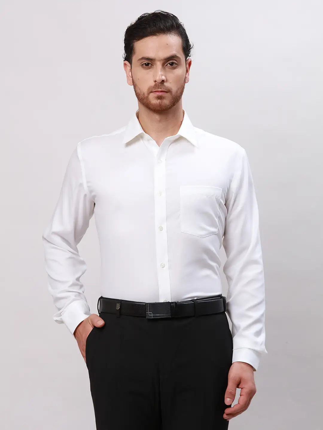 Men White Slim Fit Plain Cotton Mandarin Collar Shirts