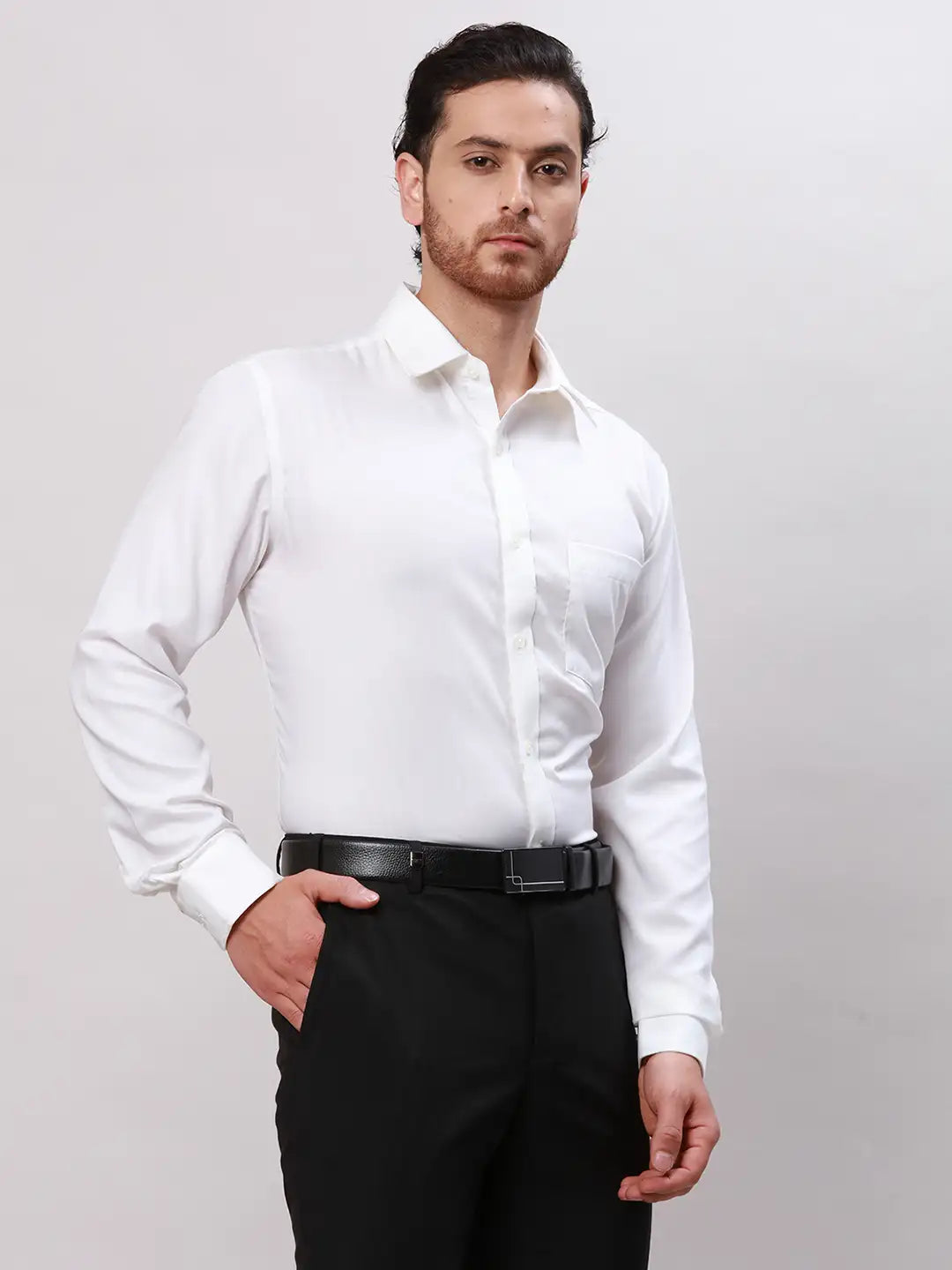 Men White Slim Fit Plain Cotton Mandarin Collar Shirts