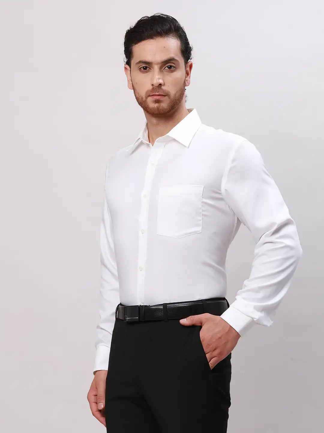 Men White Slim Fit Plain Cotton Mandarin Collar Shirts
