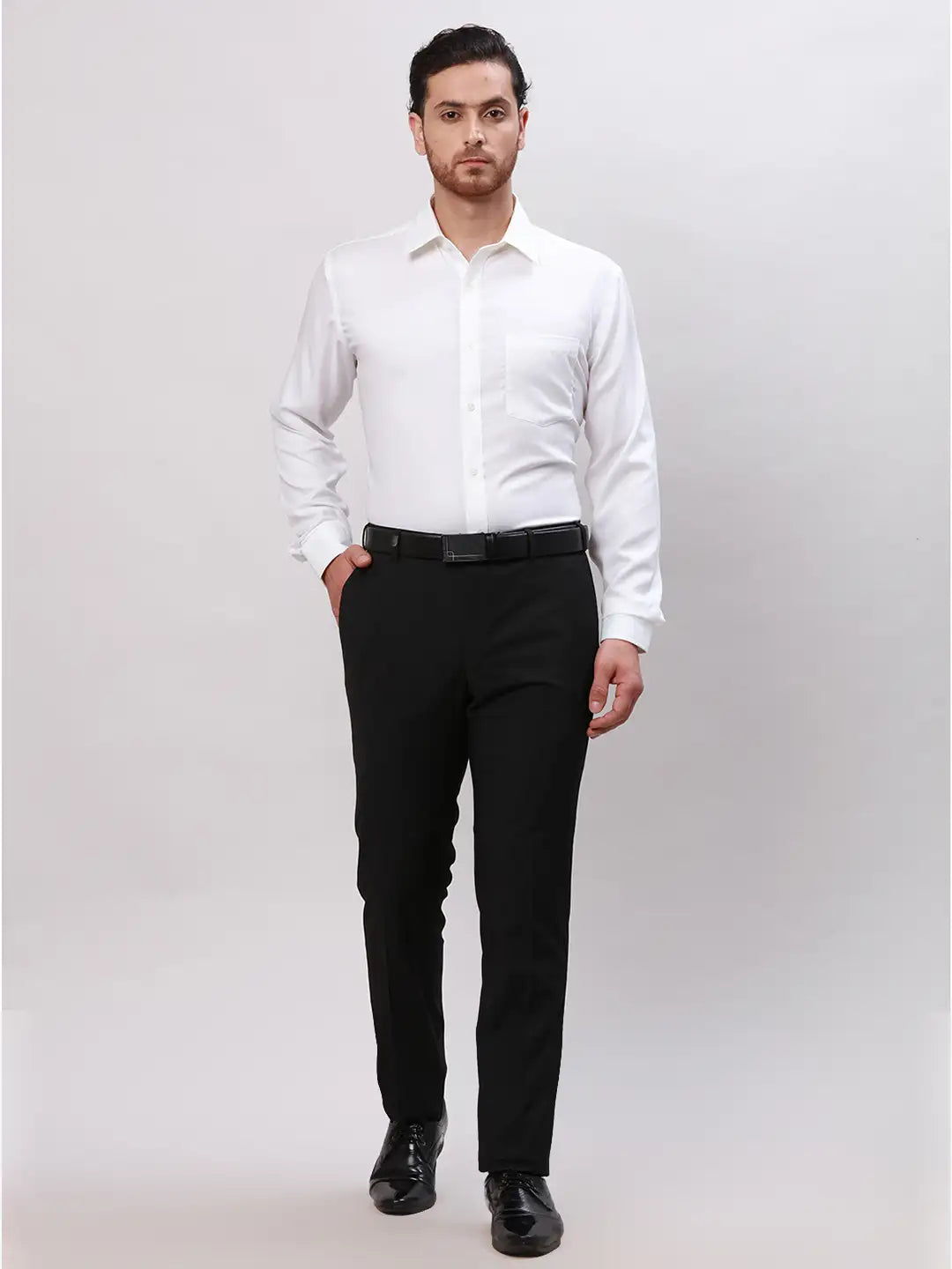 Men White Slim Fit Plain Cotton Mandarin Collar Shirts