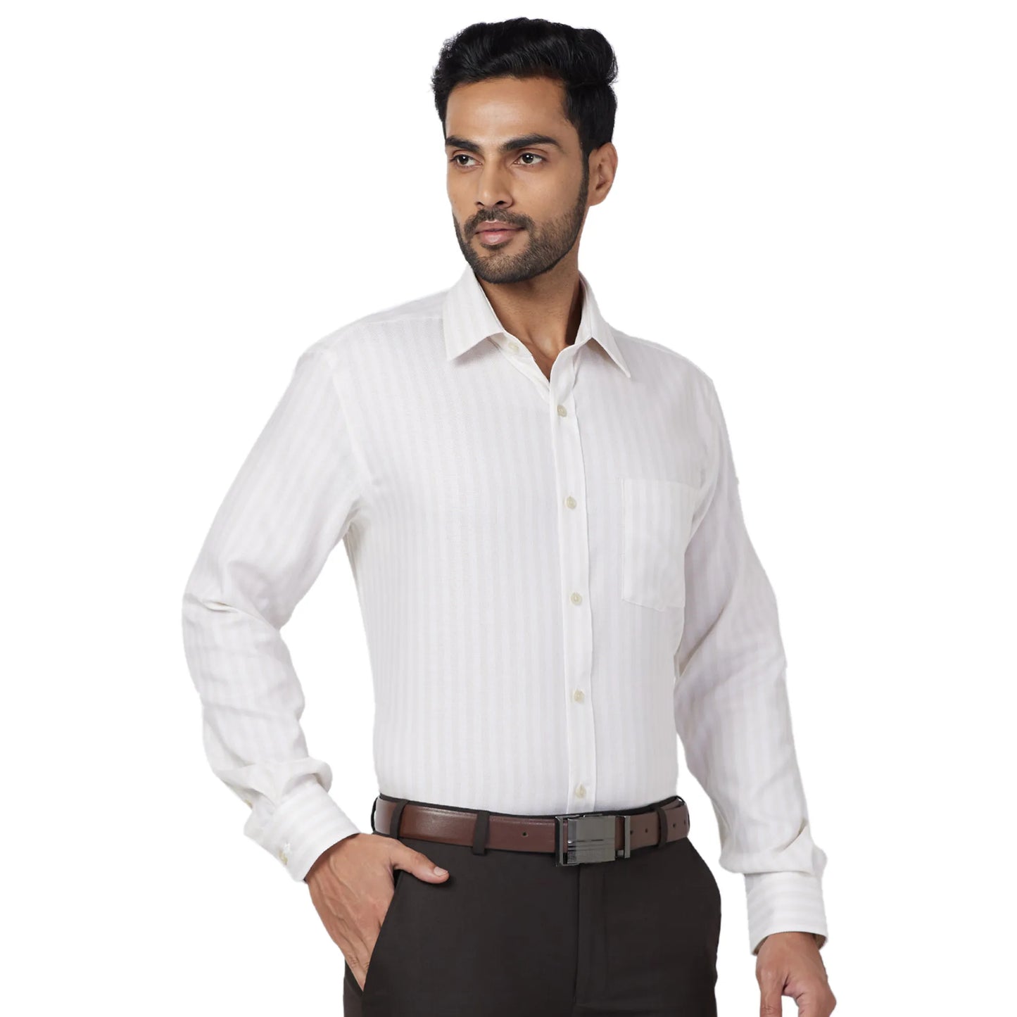 Park Avenue Men Green Stripe Regular Fit Cotton Full Sleeve Ainsley Collar Shirt