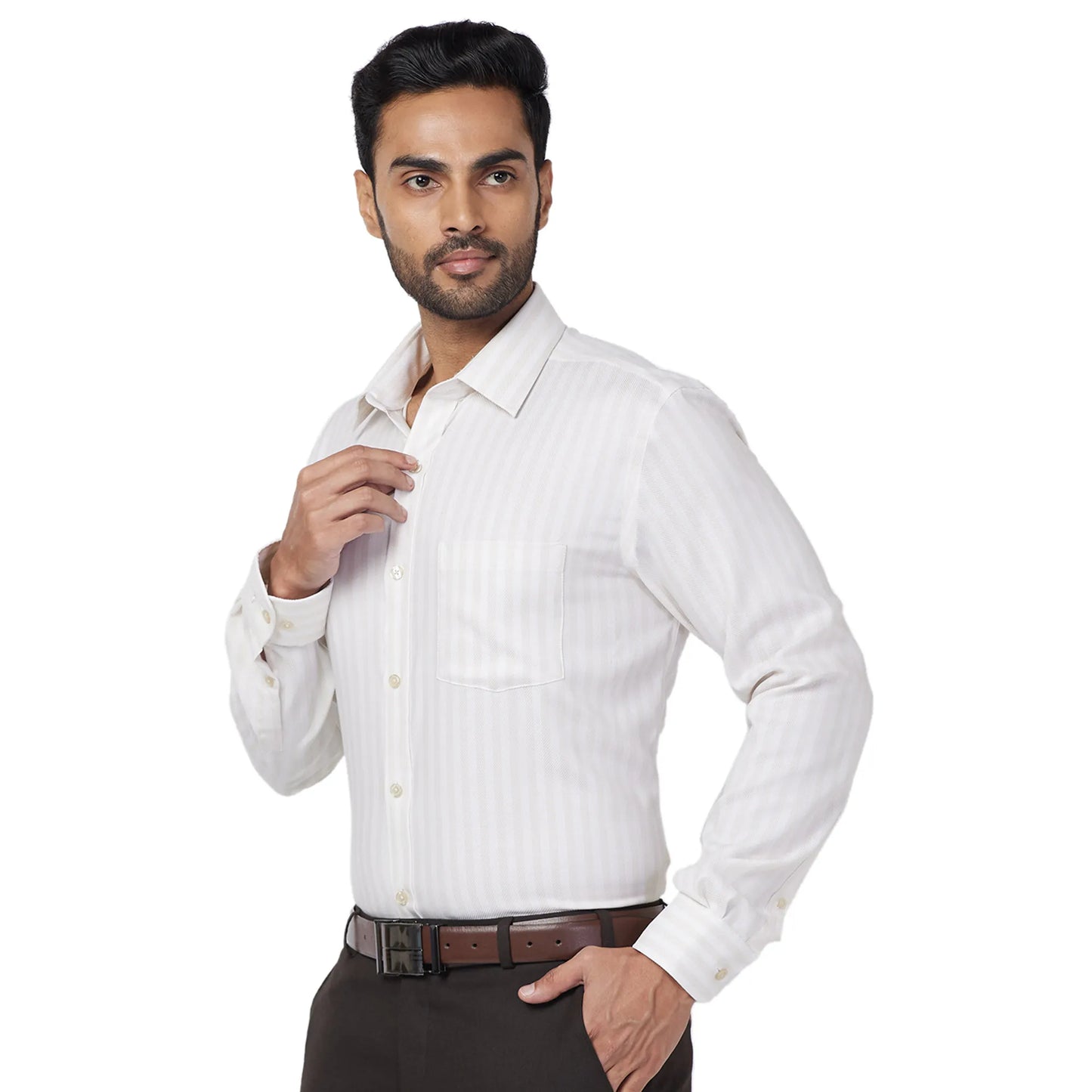 Park Avenue Men Green Stripe Regular Fit Cotton Full Sleeve Ainsley Collar Shirt