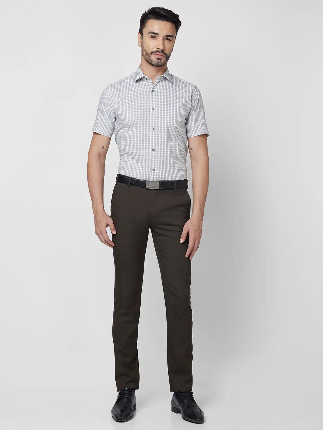 Park Avenue Men Brown Checks Regular Fit Cotton Half Sleeve Ainsley Collar Shirt