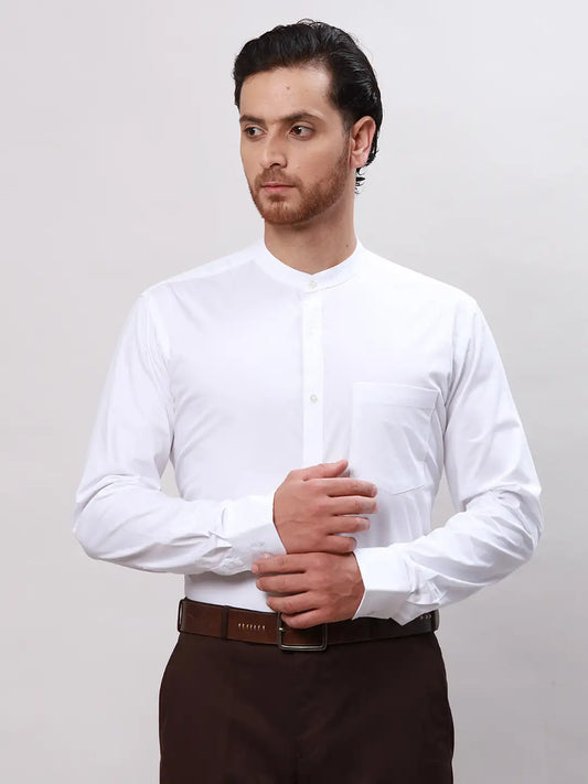 Men White Slim Fit Plain Cotton Mandarin Collar Shirts