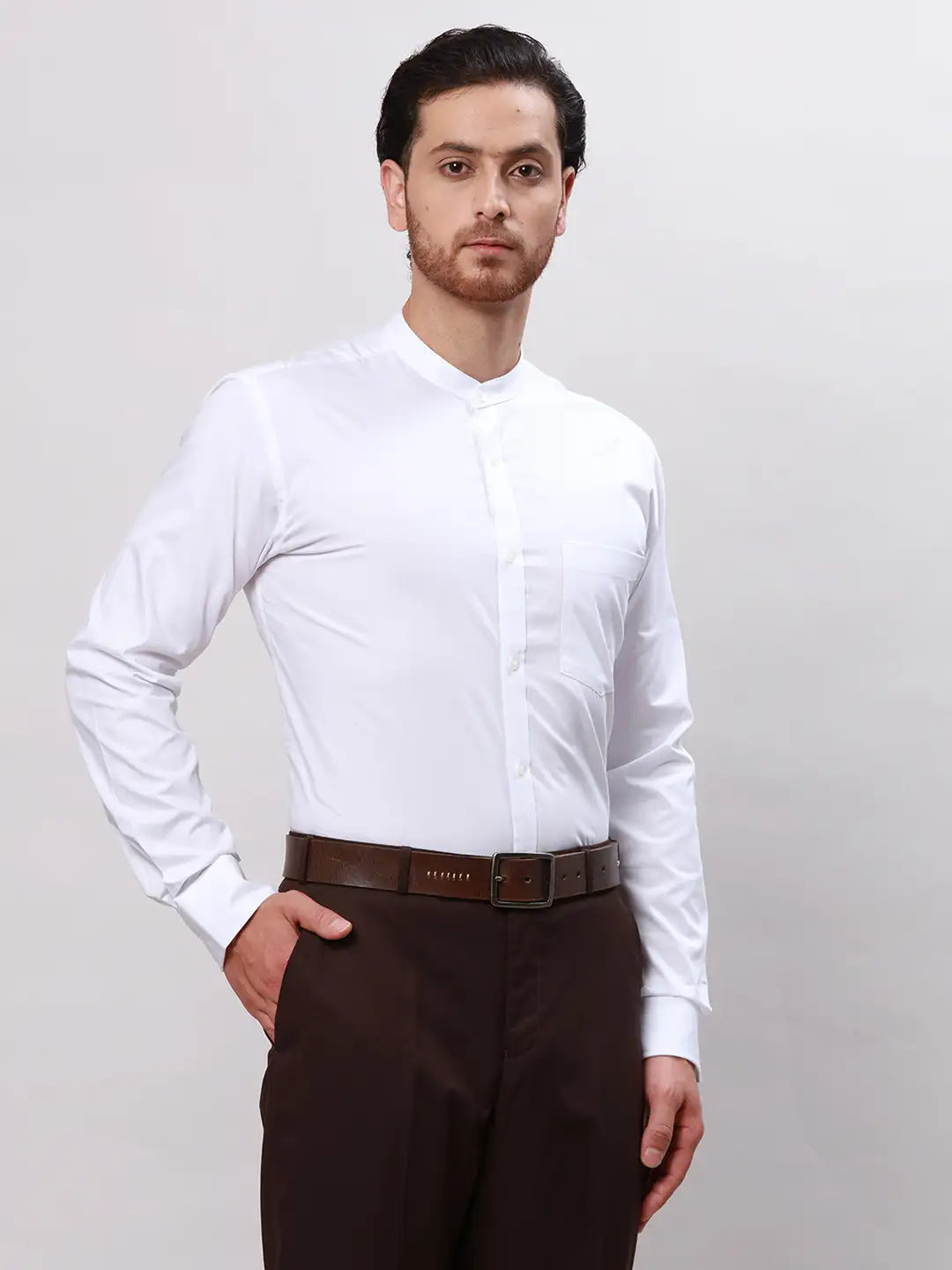 Men White Slim Fit Plain Cotton Mandarin Collar Shirts