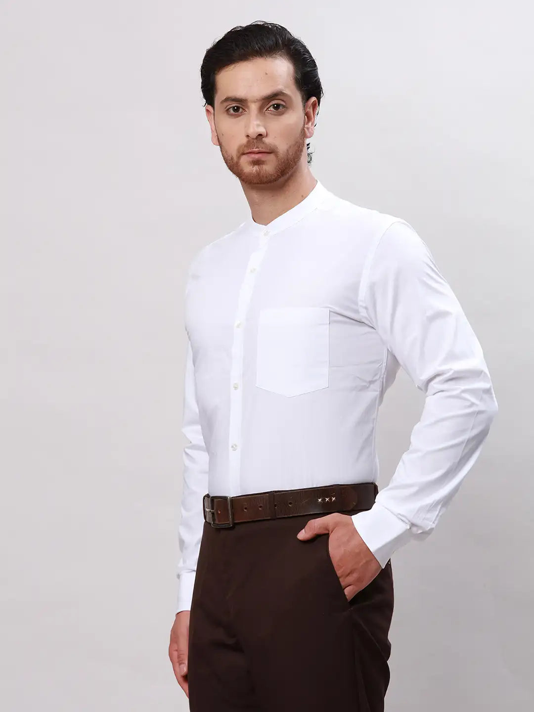 Men White Slim Fit Plain Cotton Mandarin Collar Shirts