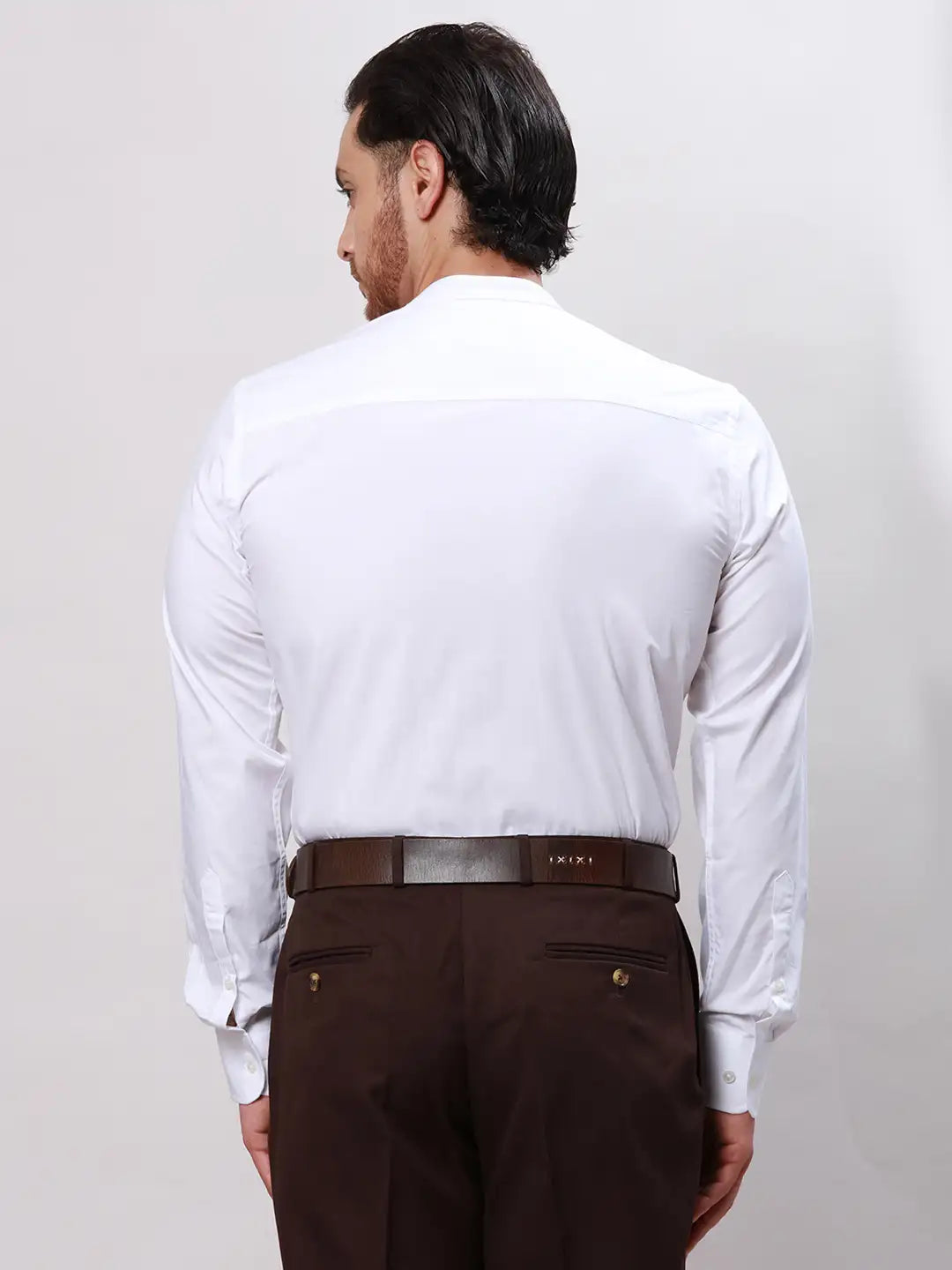 Men White Slim Fit Plain Cotton Mandarin Collar Shirts