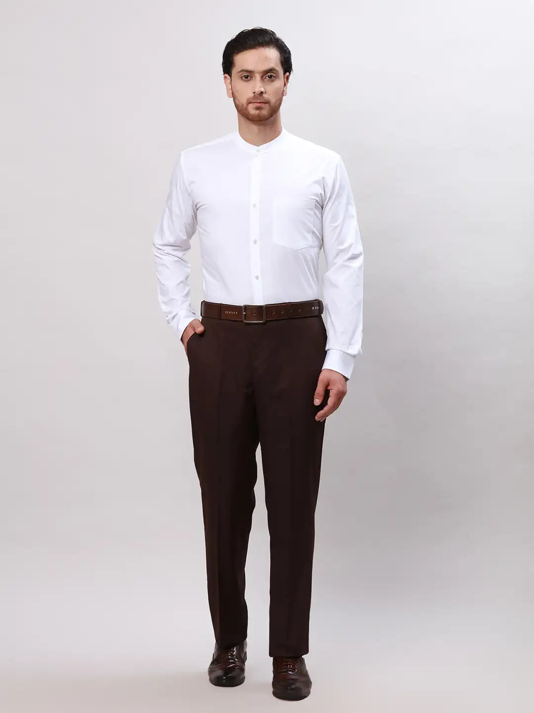 Men White Slim Fit Plain Cotton Mandarin Collar Shirts