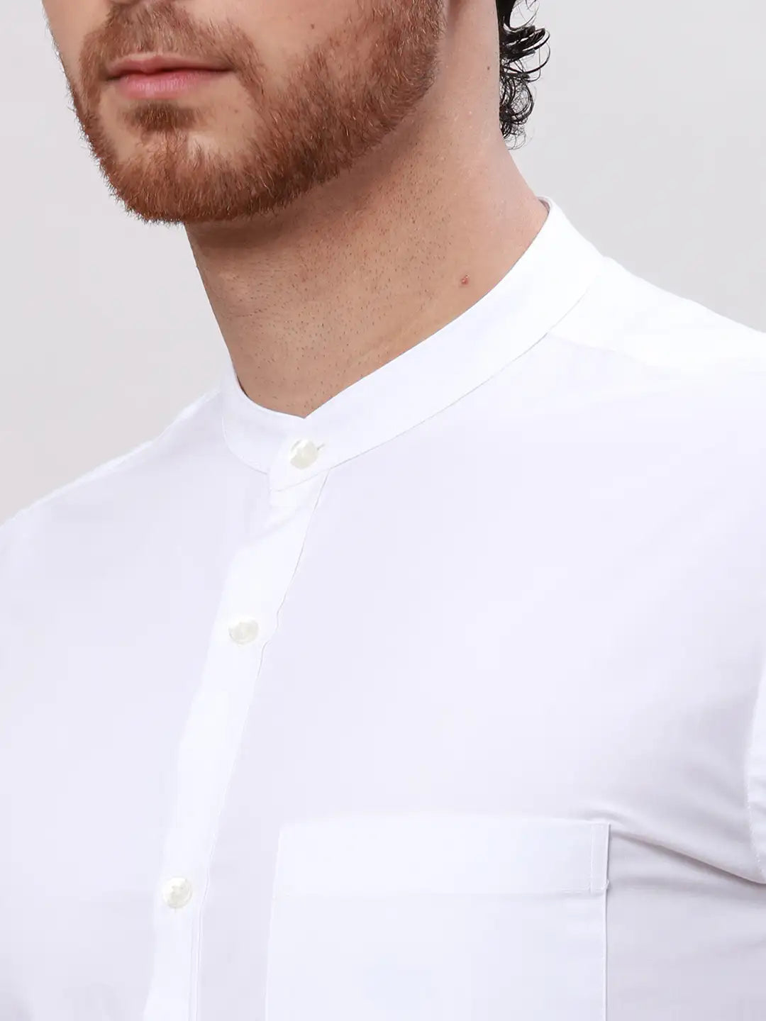 Men White Slim Fit Plain Cotton Mandarin Collar Shirts
