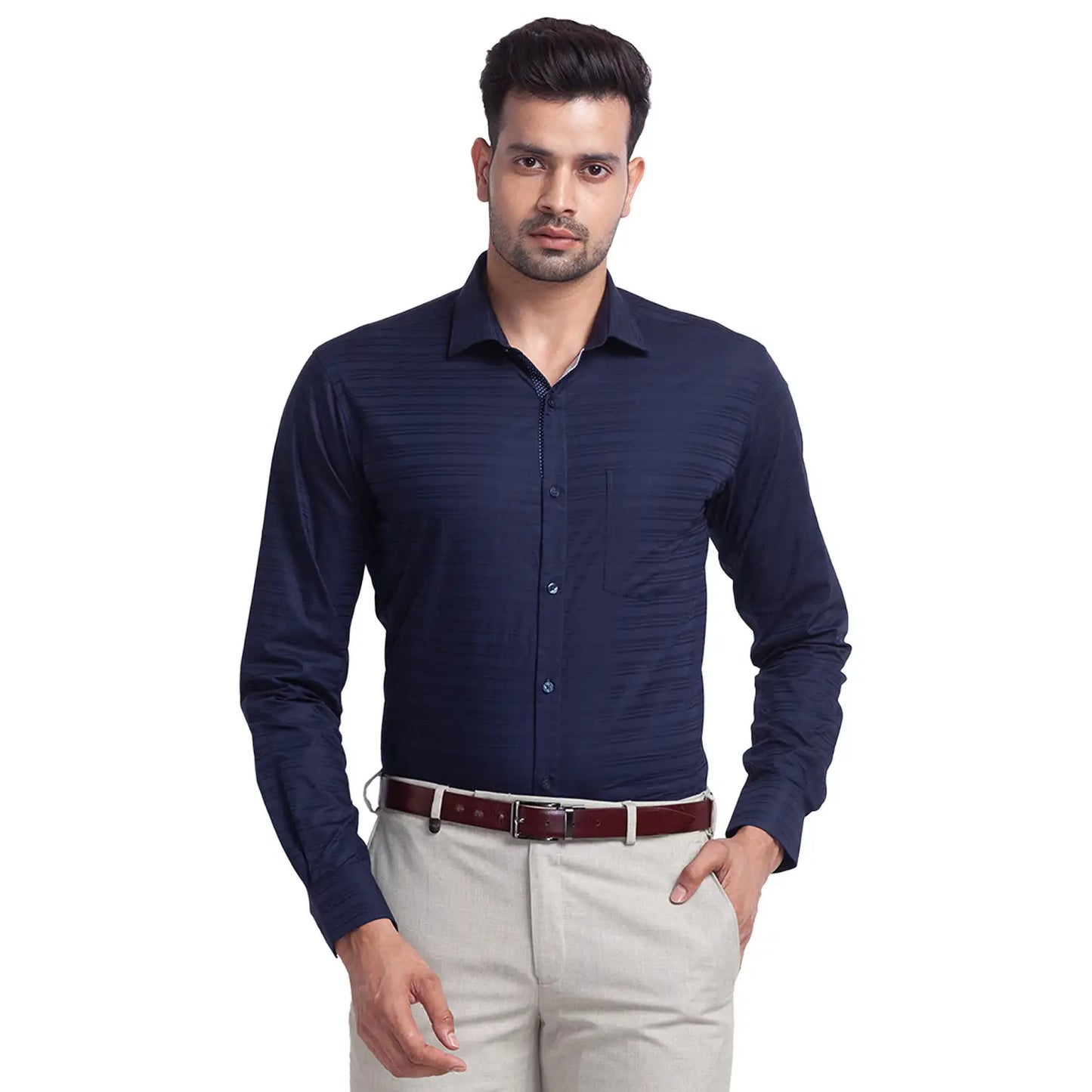Blue Slim Straight Fit Regular Collar Long Sleeves Cotton Men's Shirt by Being Human Clothing main image 0