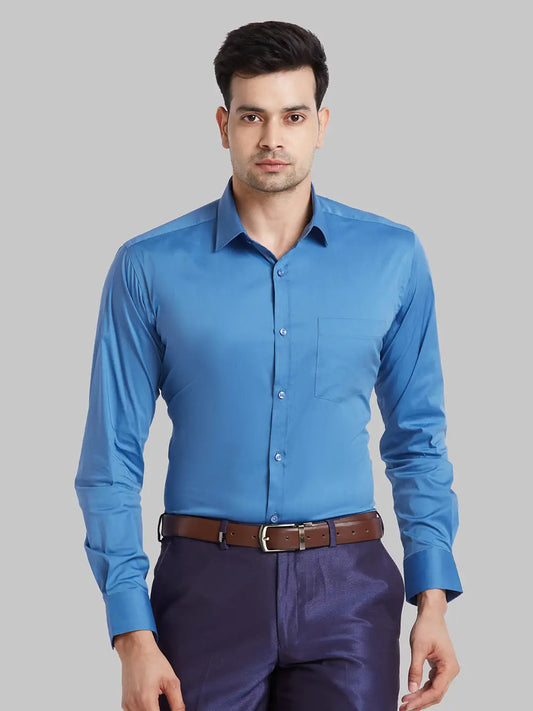 Men Blue Slim Fit Solid Cotton Blend   Shirts