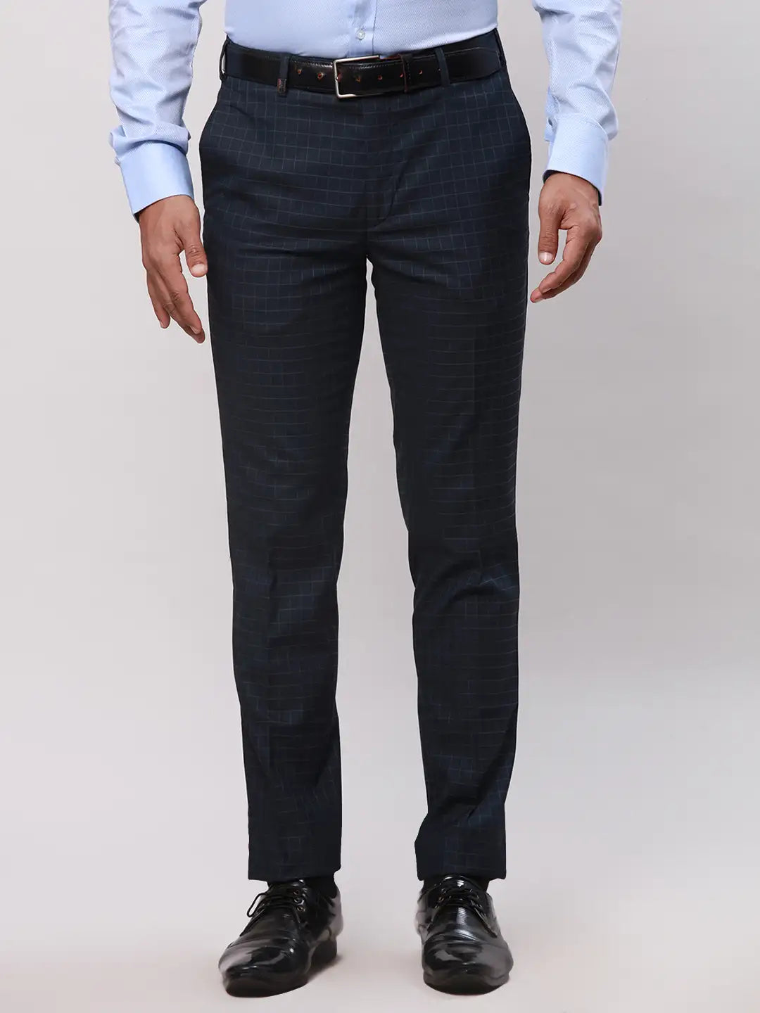 Park Avenue Men Blue Checks Super Slim Fit Polyester Blend Trousers