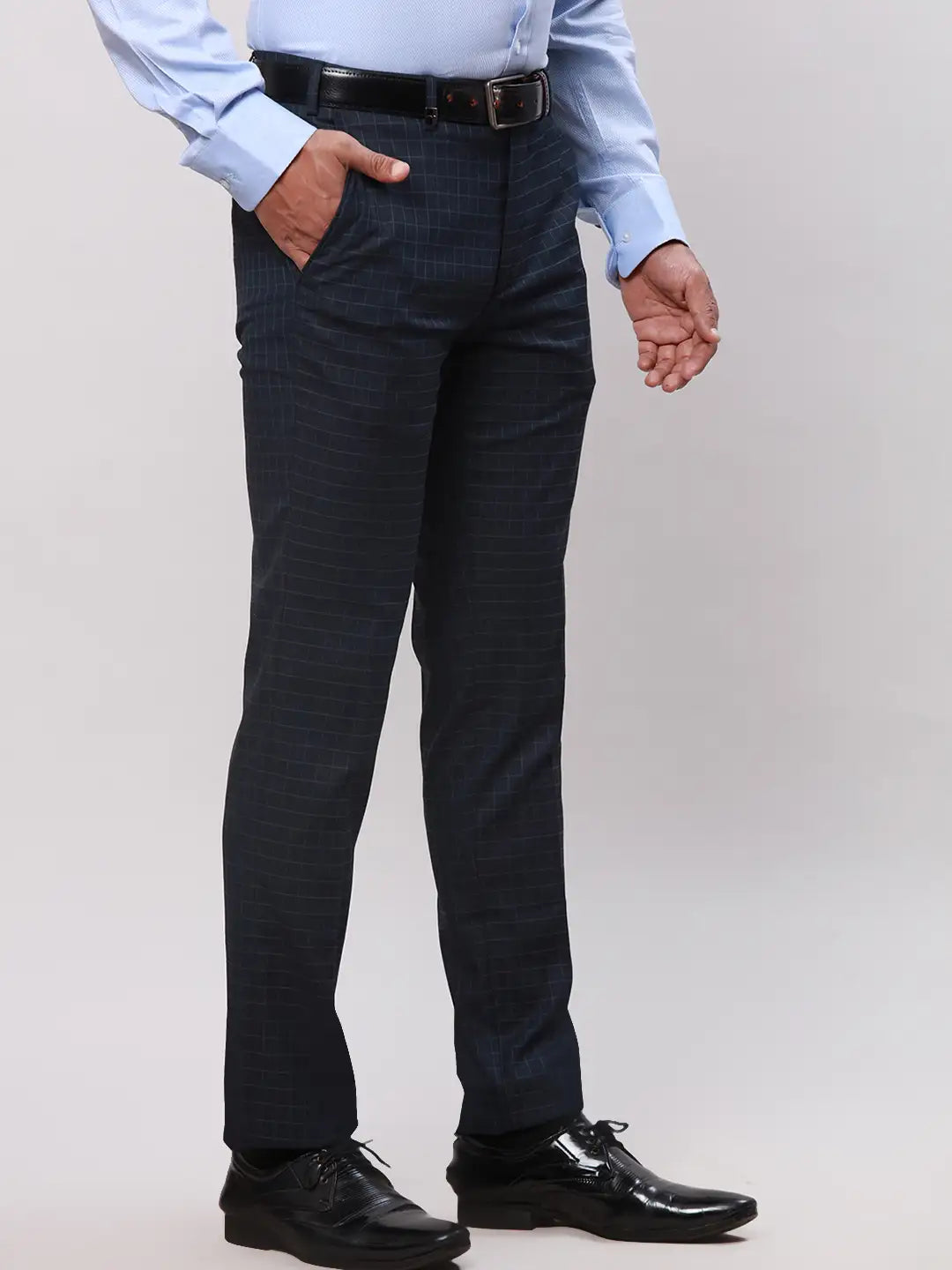 Park Avenue Men Blue Checks Super Slim Fit Polyester Blend Trousers