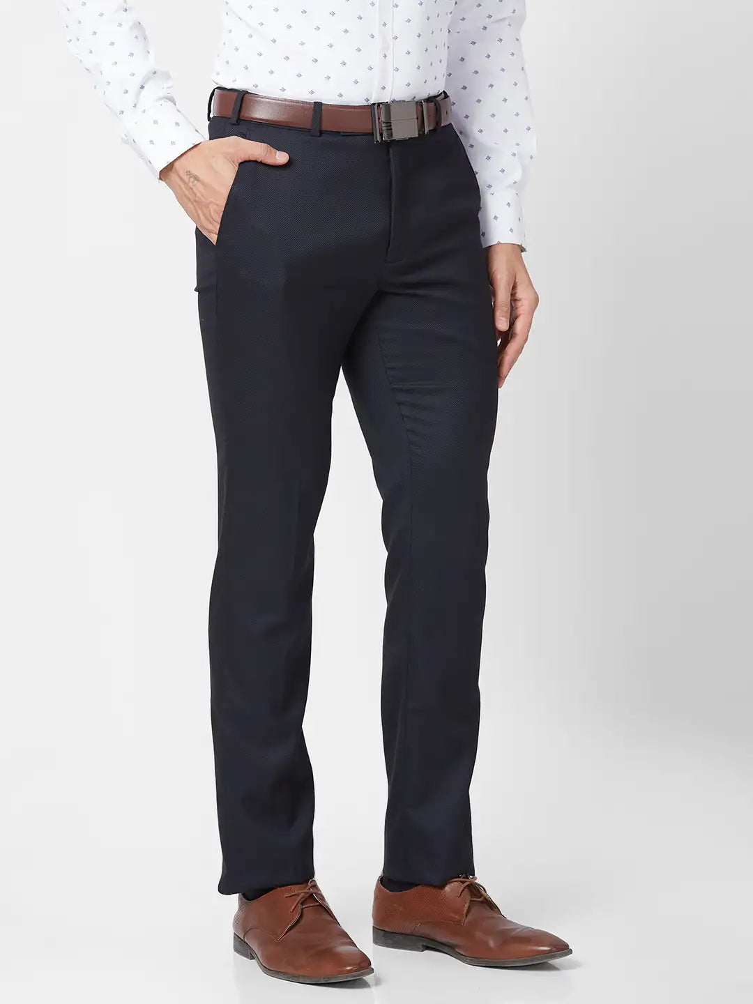 Park Avenue Men Grey Structure Super Slim Fit Polyester Blend Trouser