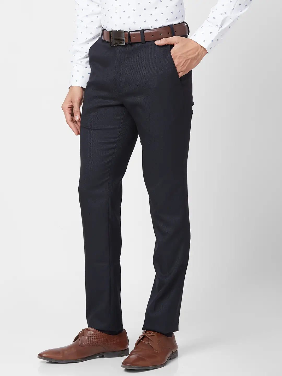 Park Avenue Men Grey Structure Super Slim Fit Polyester Blend Trouser