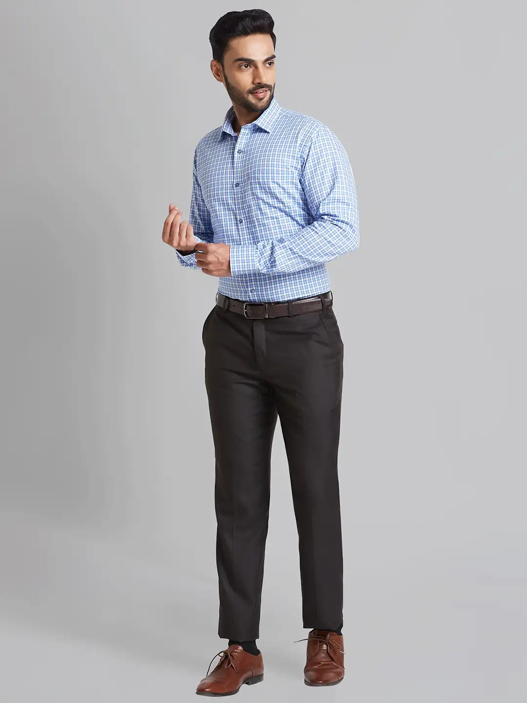 Men Blue Smart Fit Checks Polyester Blend   Trouser