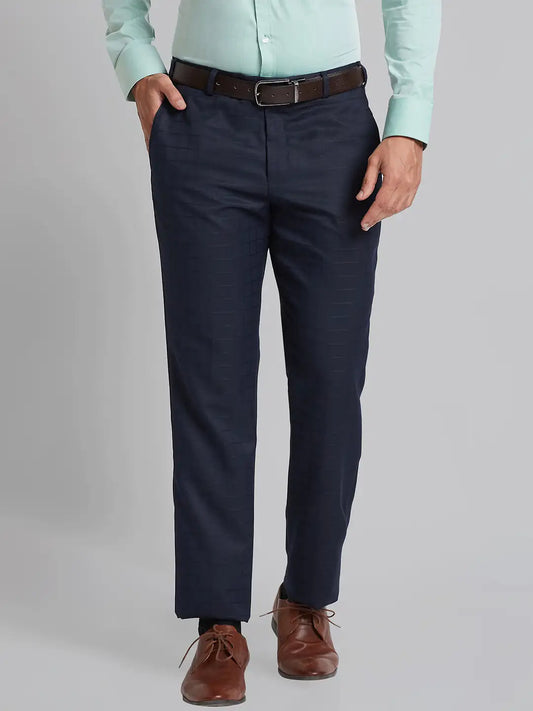 Men Blue Smart Fit Checks Polyester Blend   Trouser