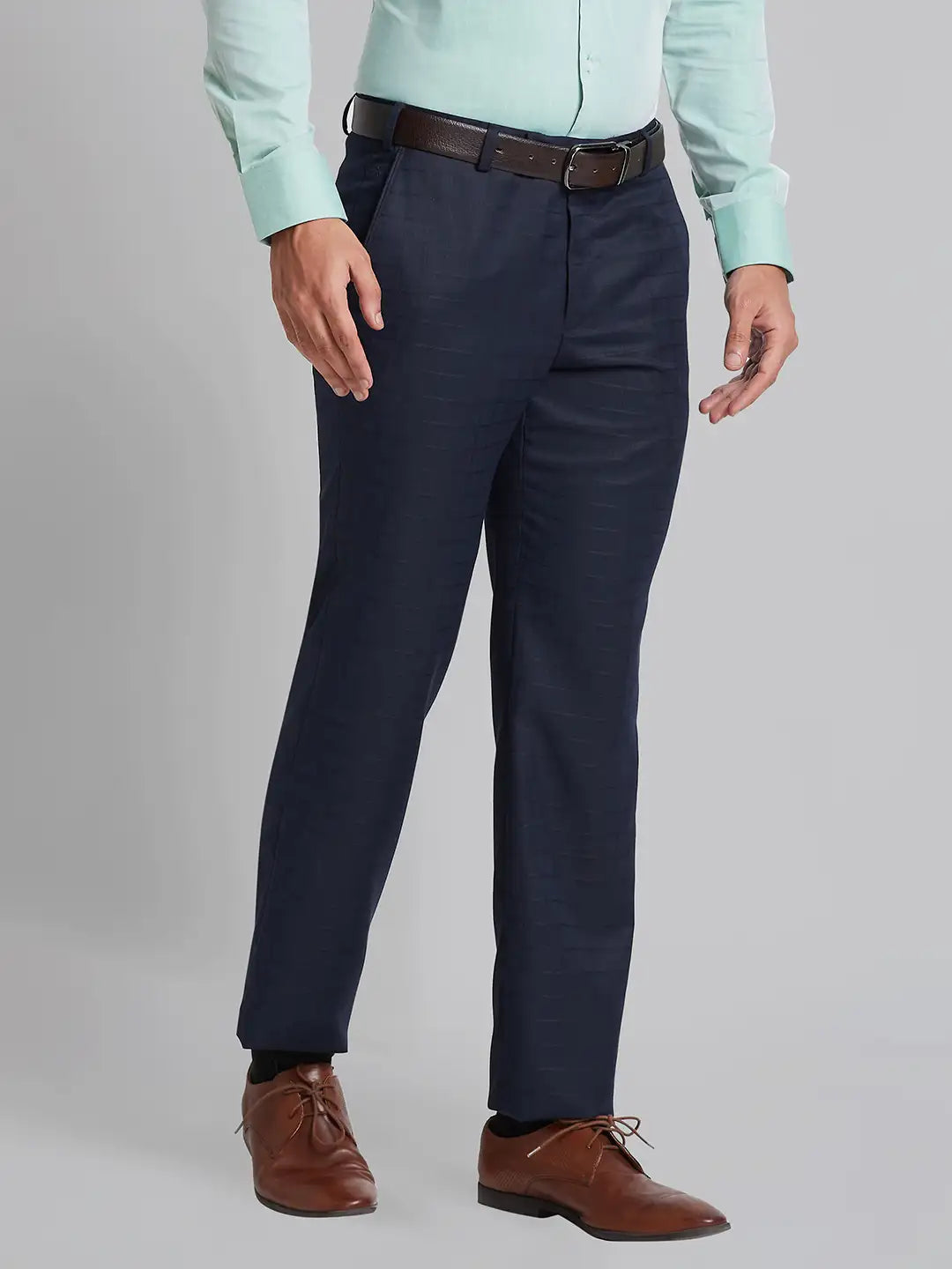 Men Blue Smart Fit Checks Polyester Blend   Trouser