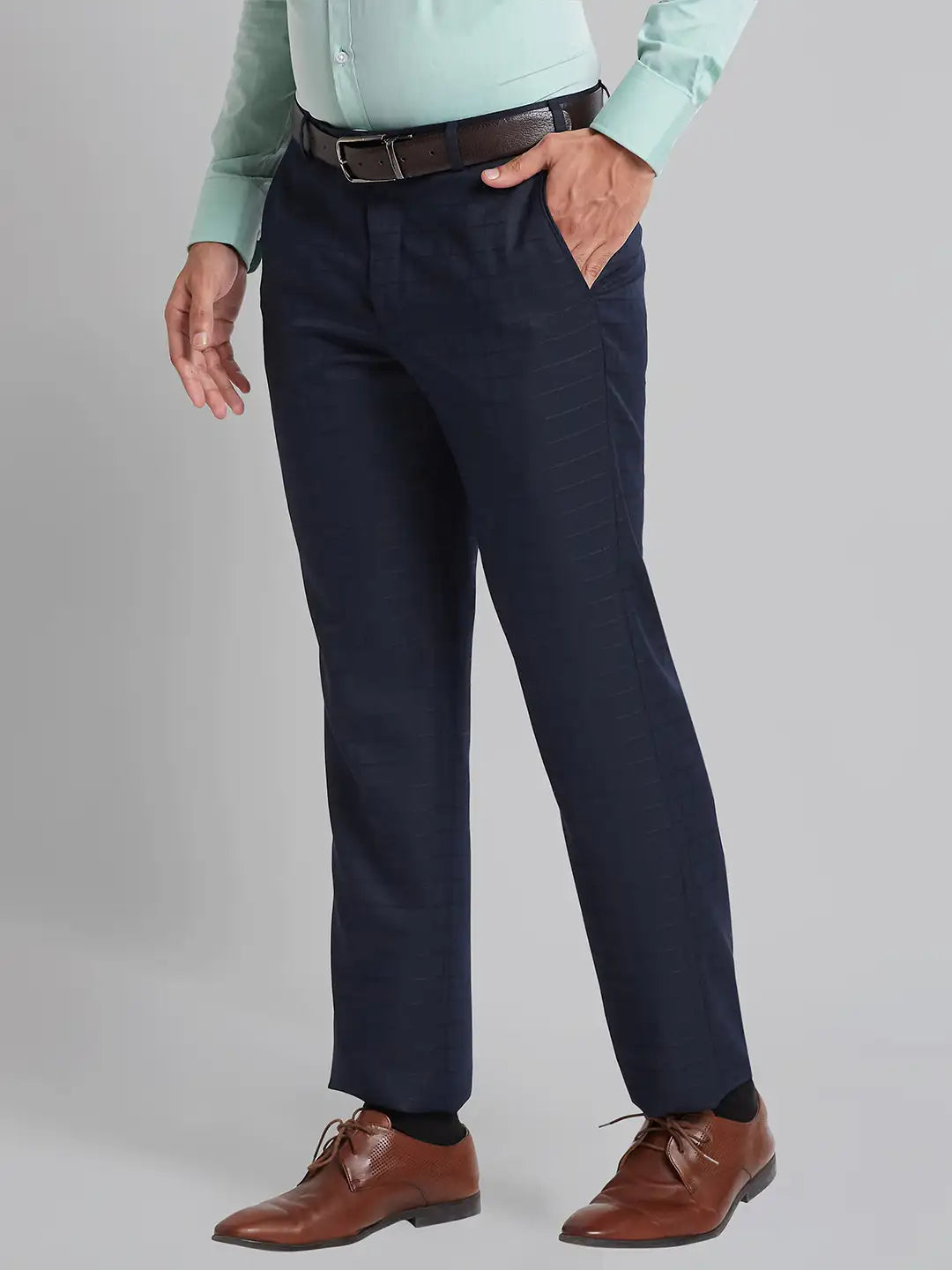 Men Blue Smart Fit Checks Polyester Blend   Trouser
