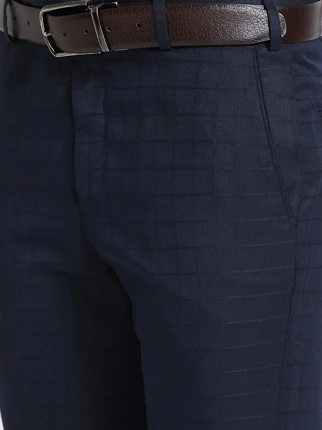Men Blue Smart Fit Checks Polyester Blend   Trouser