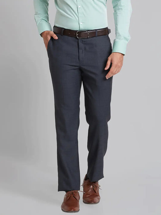 Men Blue Smart Fit Structure Polyester Blend   Trouser
